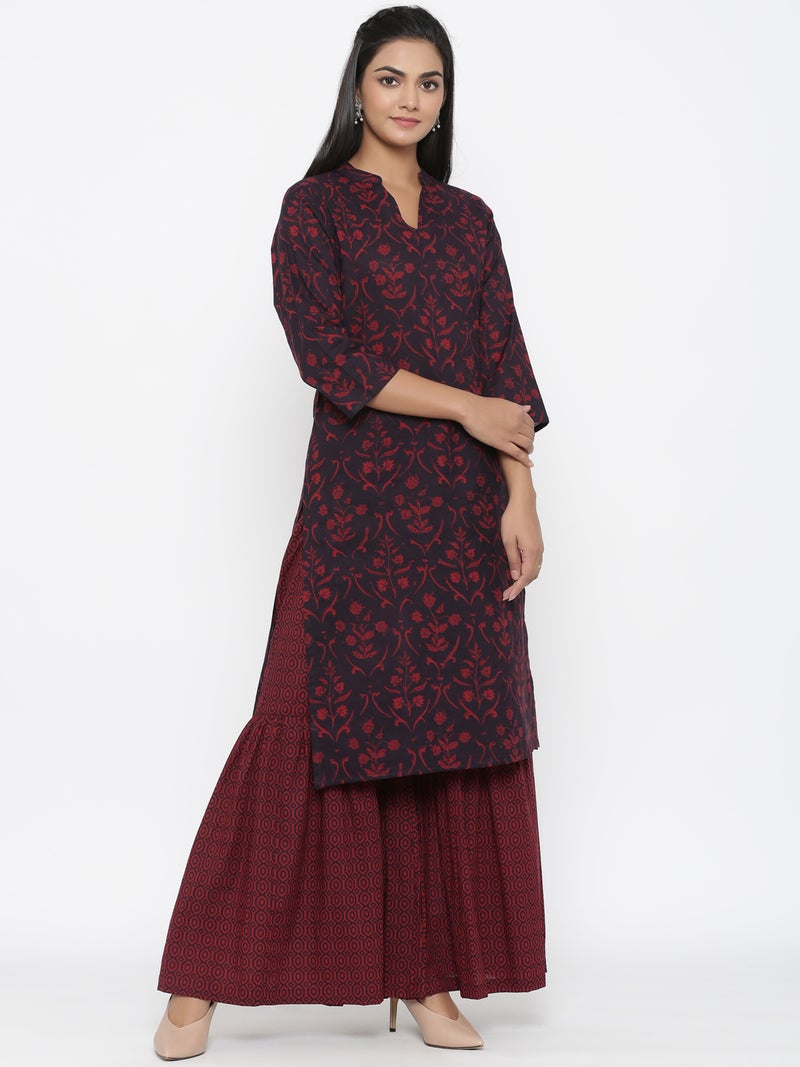 Miravan Maroon Floral Printed Kurta and Sharara for Women - Image 3
